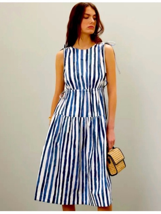 Marie Oliver Dresses & Skirts - Marie Oliver Blue & White Striped Tie-Shoulder Tiered Midi Dress